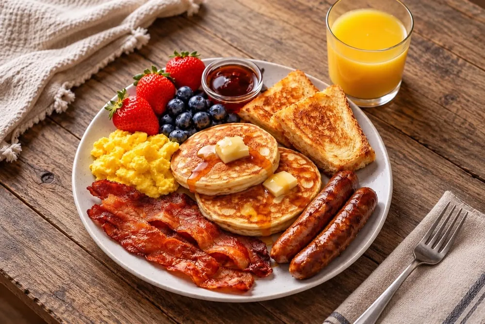 Brunch LAMBA : pancakes, œufs, saucisses, bacon, pain grillé, fruits et jus